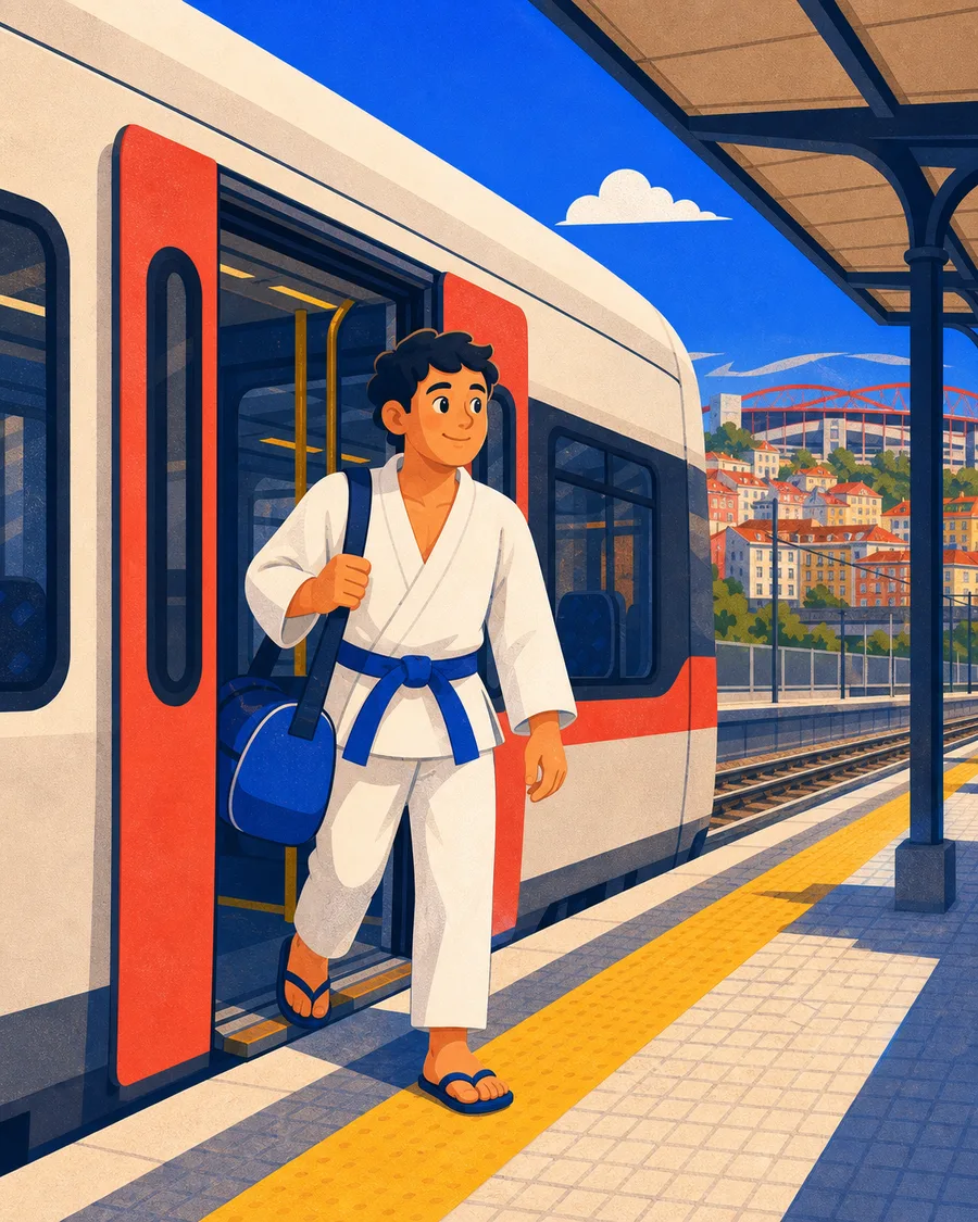 Judoca a sair de um comboio na estação de Benfica
