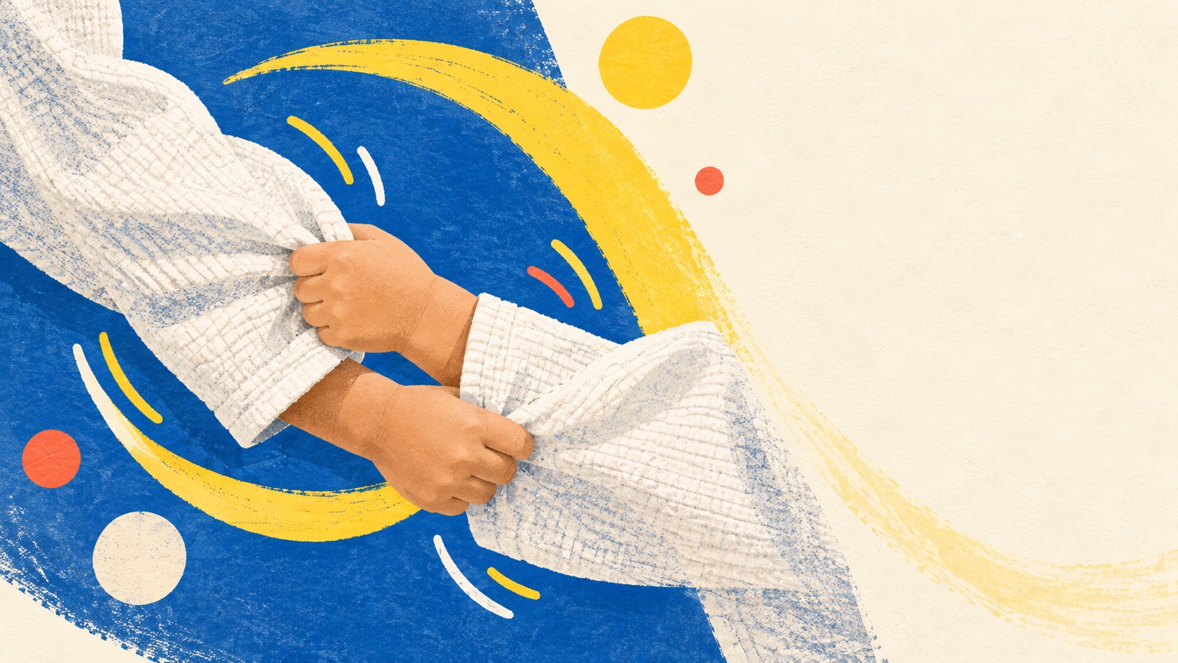 Ilustração editorial de crianças a praticar uma pega de Judo